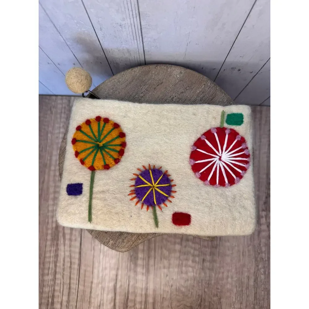 Set of 2 Coin Purses Cactus Coin Purse Felted Wool Boho Flower Bag NEW!